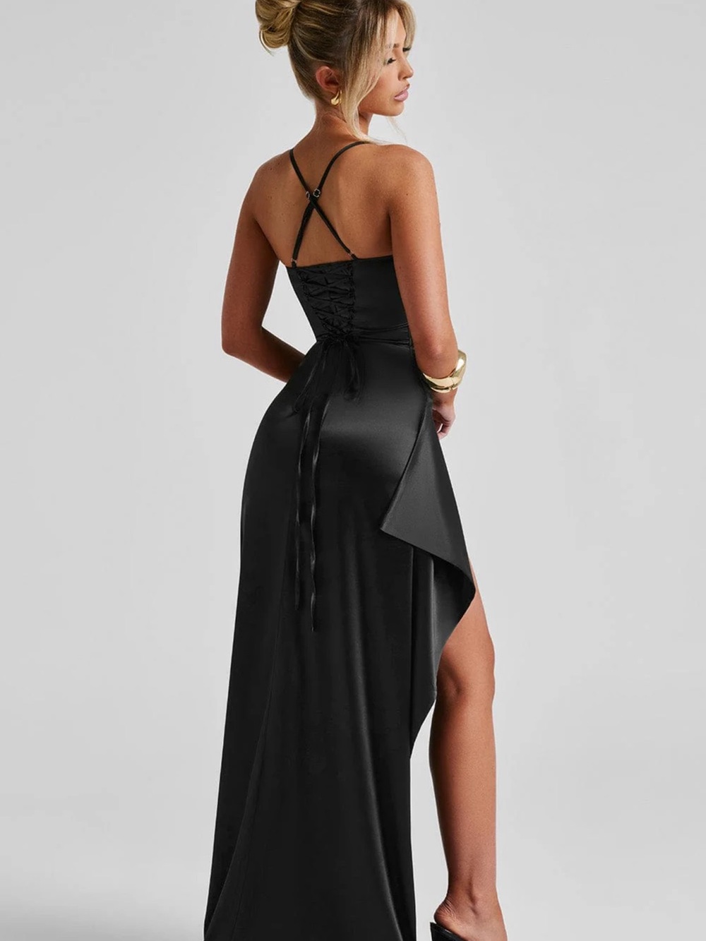 Baby boo Black Satin Evening Gown - Elegant Women's Dress - Picture 9 of 10
